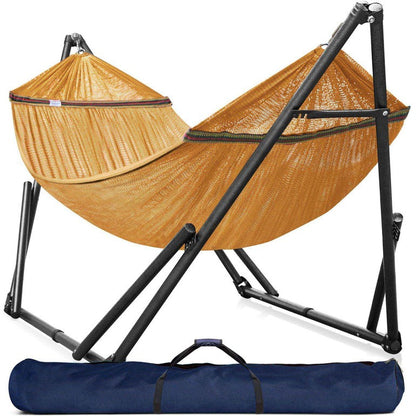 Megsu Tranquillo universal hammock set with medium size stand, black fabric, ideal for relaxing outdoors or indoor lounging.