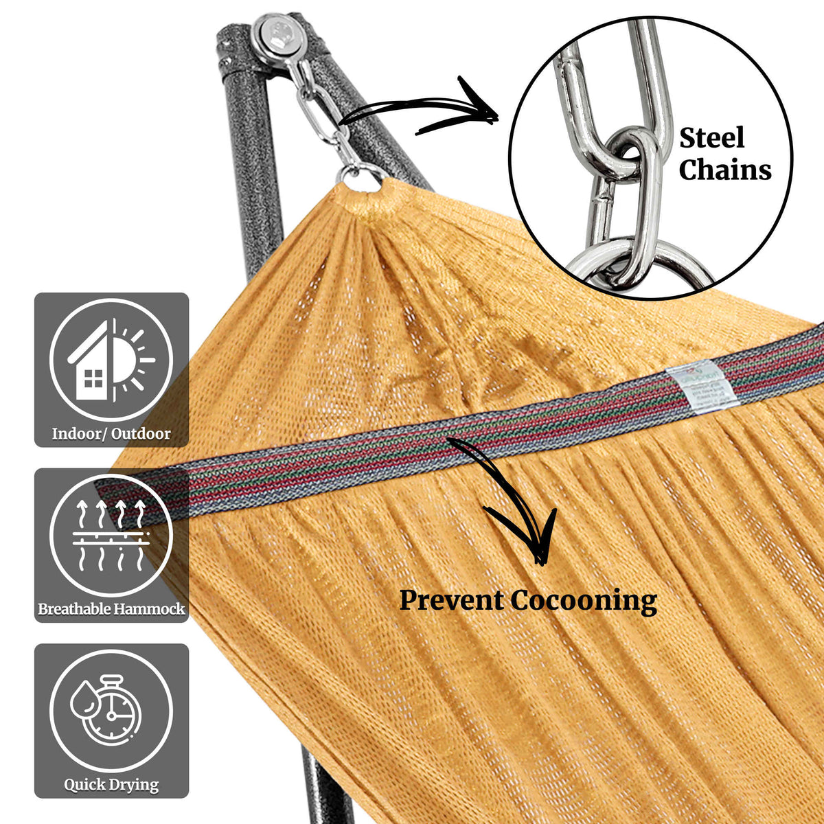 Megsu Tranquillo universal hammock set with medium stand, black fabric, perfect for relaxing outdoor or indoor use.