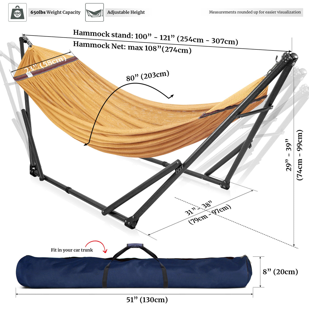 Megsu Tranquillo universal hammock full set with black hammock and medium-sized stands for relaxing outdoor lounging.