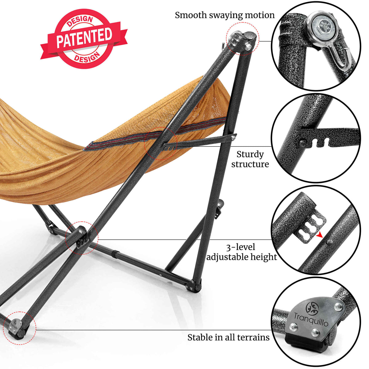 Megsu Tranquillo universal hammock with medium-sized stand, black fabric, ideal for relaxation and outdoor lounging.