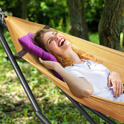 Megsu Tranquillo universal hammock full set with medium-sized stands, black fabric, perfect for relaxing outdoors or indoor lounging.
