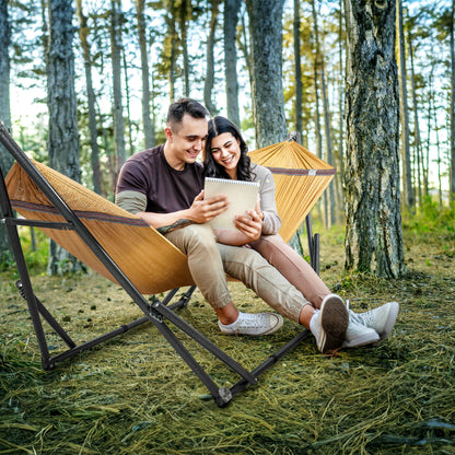 Megsu Tranquillo universal hammock set with medium-sized stand, black fabric, perfect for relaxing outdoors or indoor leisure.