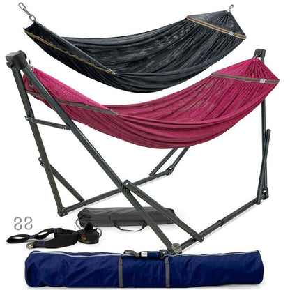 Megsu Tranquillo Comfort Set hammock full set with red stand, designed for relaxation and outdoor comfort.
