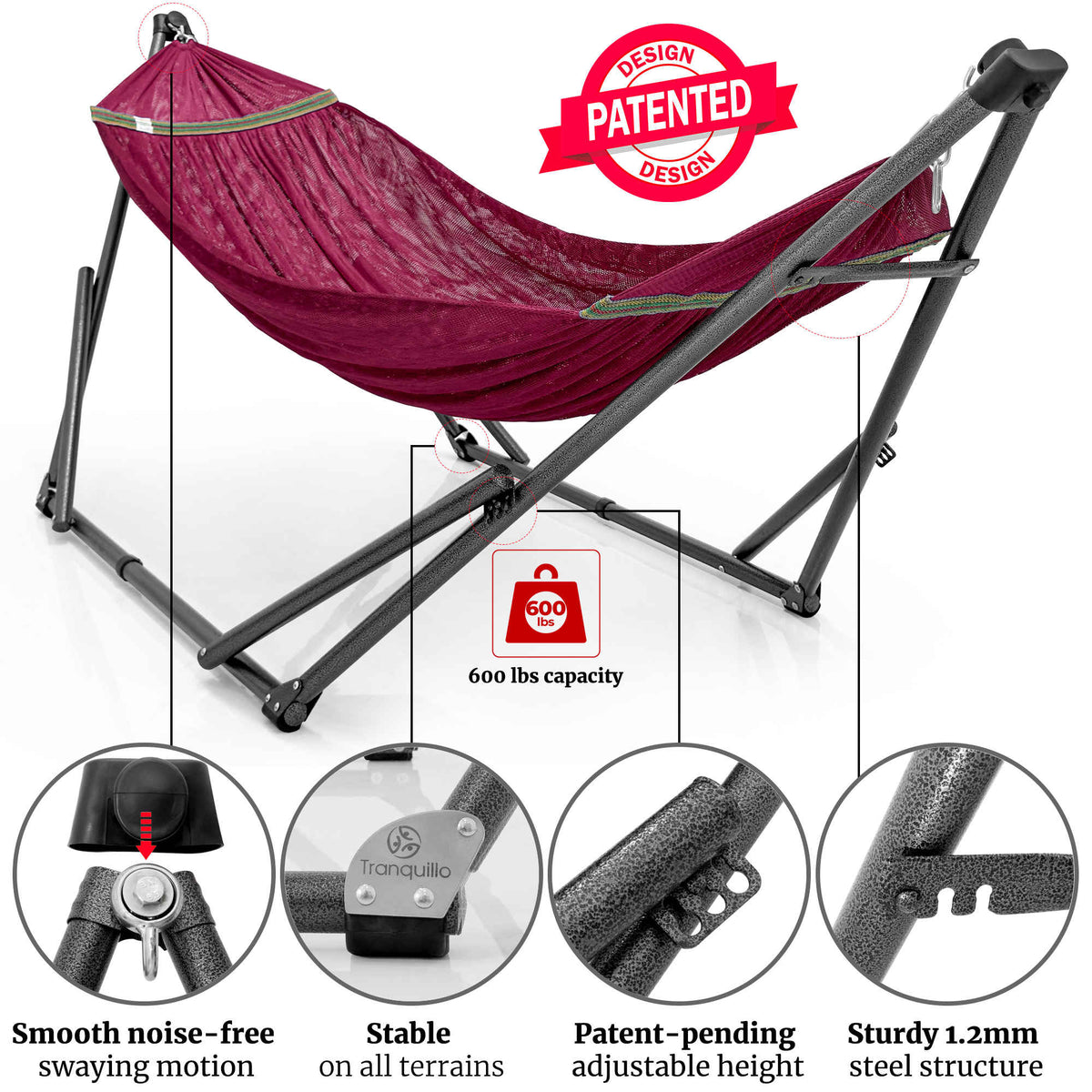 Megsu Tranquillo Comfort Set hammock full set with red stand, designed for relaxation and outdoor lounging.