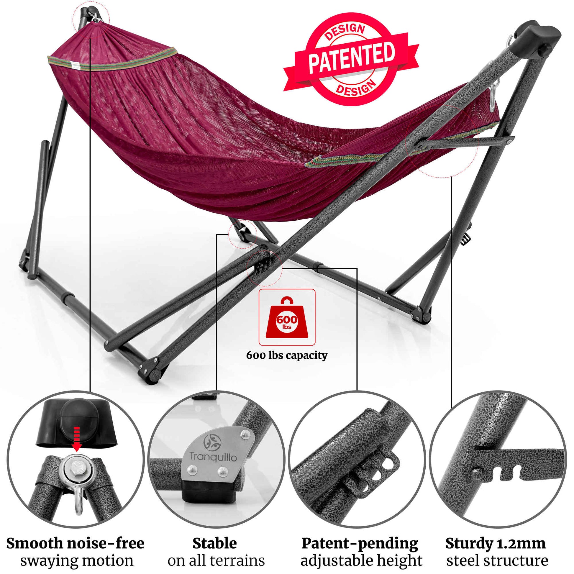 Megsu Tranquillo Comfort Set hammock full set with red stand, designed for relaxation and outdoor lounging.