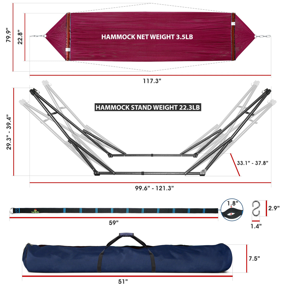 Megsu Tranquillo Comfort Set hammock full set with red stand for relaxing outdoor or indoor use.