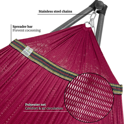 Megsu Tranquillo Comfort Set hammock full set with red stand, designed for ultimate relaxation and outdoor lounging.