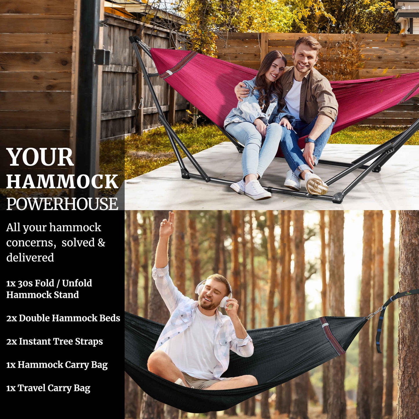 Megsu Tranquillo Comfort Set hammock full set with red hammock and stand for relaxing outdoor leisure.