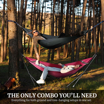 Megsu Tranquillo Comfort Set hammock full set with red fabric and stand, perfect for relaxing outdoors or indoor leisure.