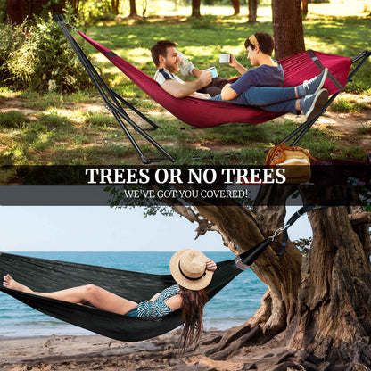 Megsu Tranquillo Comfort Set hammock full set with stand, featuring a vibrant red hammock for relaxing outdoor lounging.