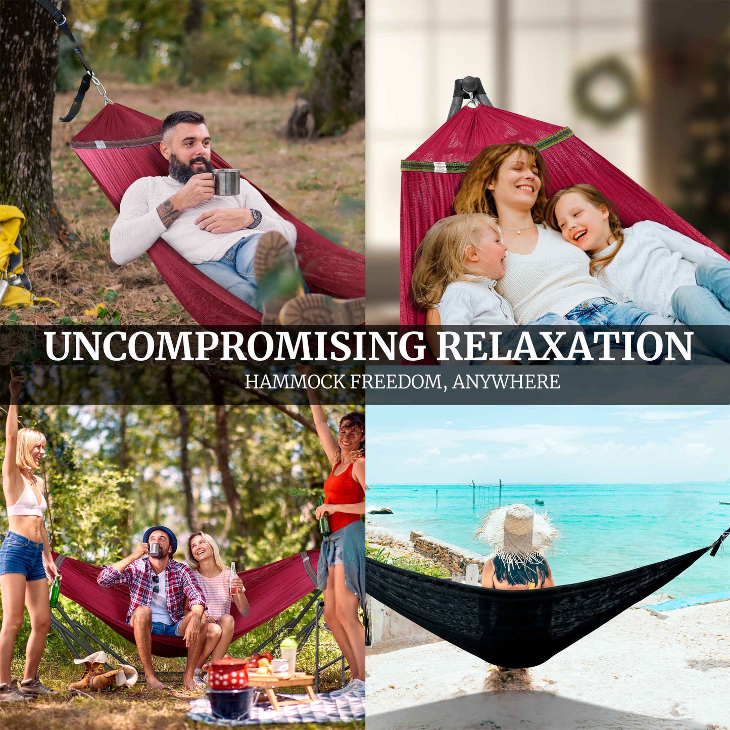 Megsu Tranquillo Comfort Set hammock full set with red hammock and stand, perfect for relaxing outdoor or indoor leisure.