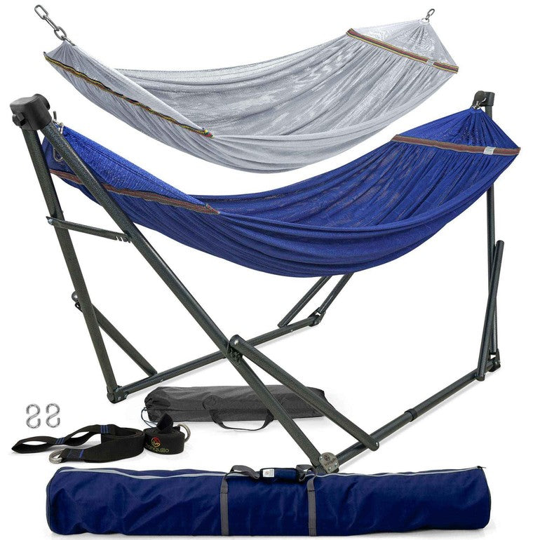 Megsu Tranquillo Comfort Set hammock full set with red stand, designed for relaxation and outdoor lounging.