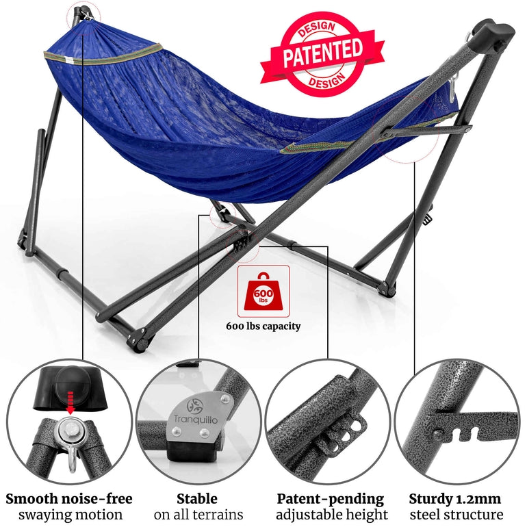 Megsu Tranquillo Comfort Set hammock full set with stand, red fabric, perfect for relaxing outdoor lounging.