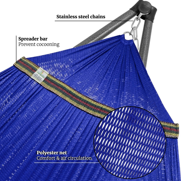 Megsu Tranquillo Comfort Set hammock full set with red stand, perfect for relaxing outdoor lounging and easy setup.