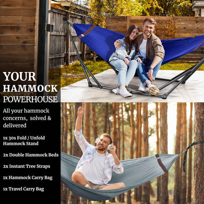 Megsu Tranquillo Comfort Set hammock full set with red stand, ideal for relaxation and outdoor lounging.