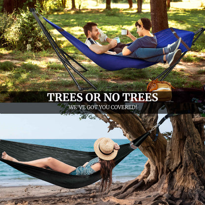 Megsu Tranquillo Comfort Set hammock full set with red stand, offering a relaxing outdoor lounging experience.