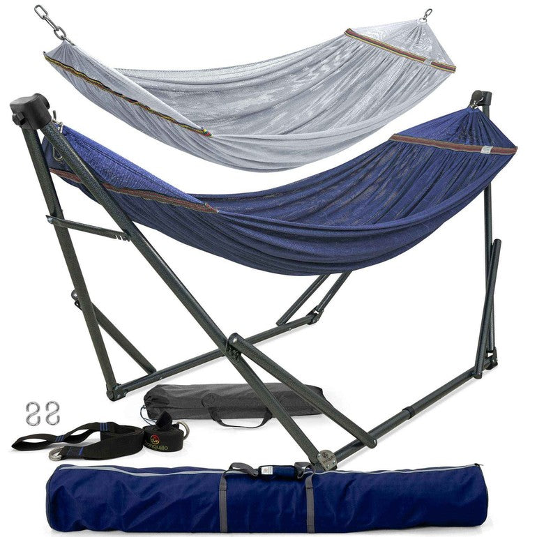 Megsu Tranquillo Comfort Set hammock full set with stand, red fabric for relaxing outdoor lounging and leisure.