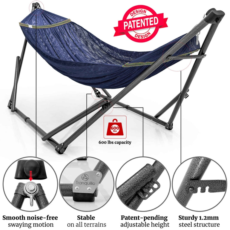 Megsu Tranquillo Comfort Set hammock full set with red fabric and wooden stand for relaxing outdoor or indoor use.