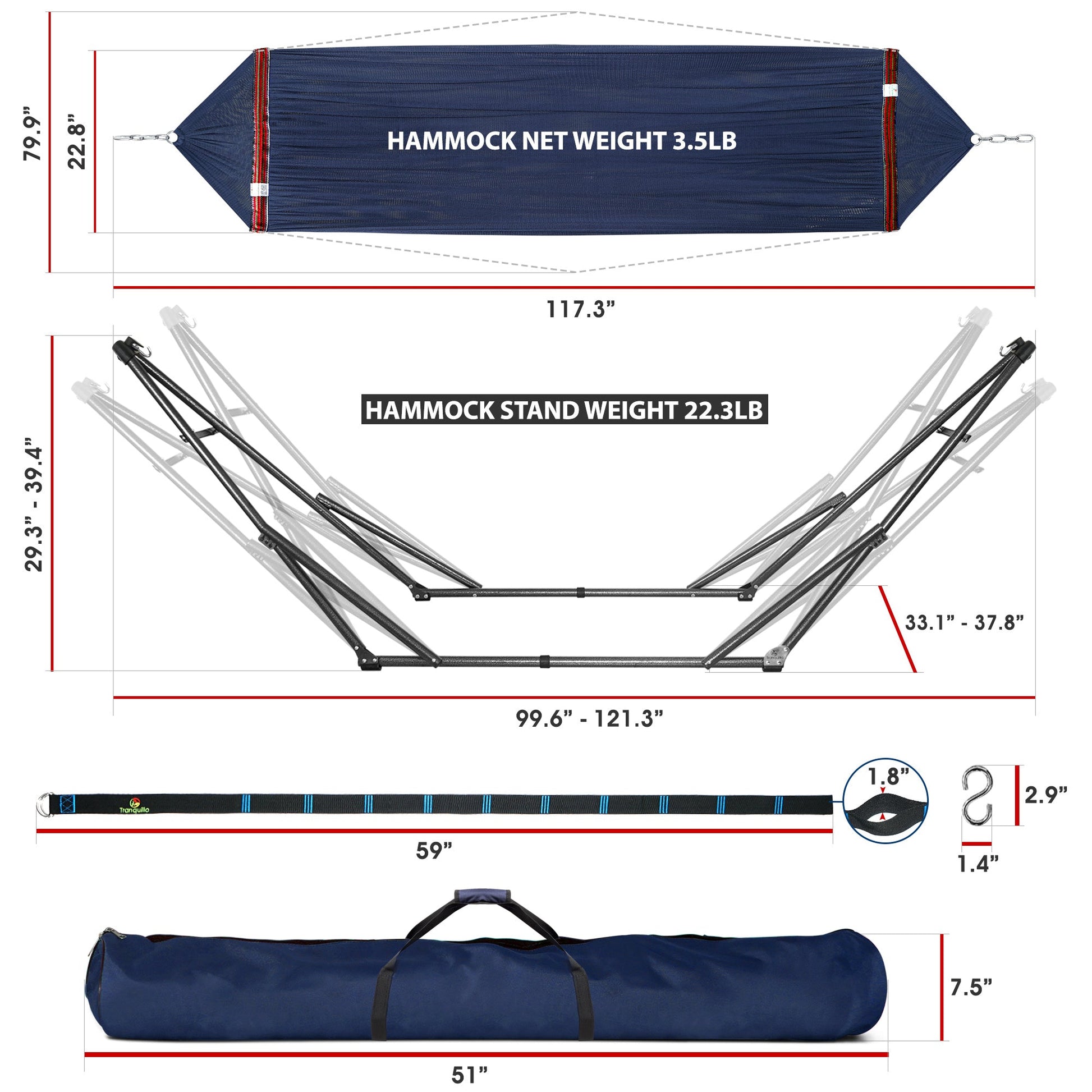 Megsu Tranquillo Comfort Set hammock full set with red stand, ideal for relaxation and outdoor lounging.