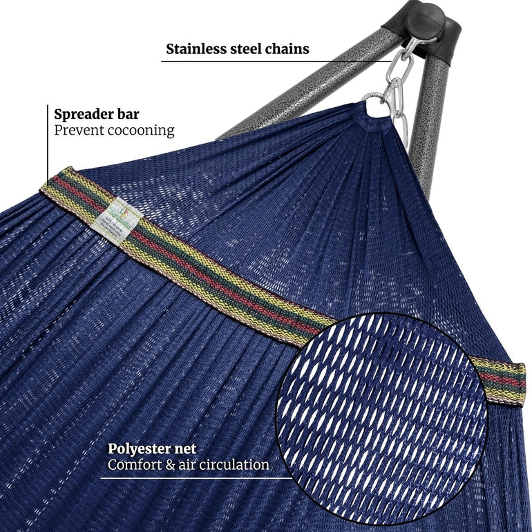 Megsu Tranquillo Comfort Set hammock full set with red stand, designed for ultimate relaxation and outdoor lounging.