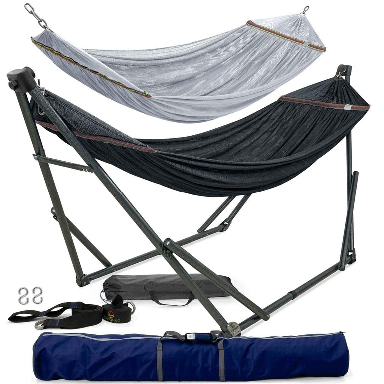 Red Megsu hammock full set with stand, featuring comfortable fabric for ultimate relaxation and outdoor lounging.