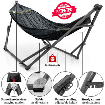 Red Megsu hammock full set with stand, featuring the Tranquillo Comfort Set for relaxed outdoor lounging.