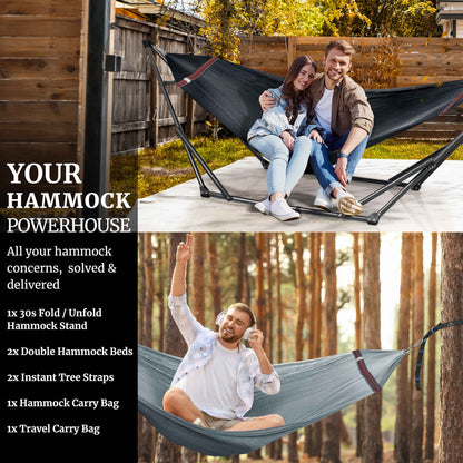 Megsu Tranquillo Comfort Set hammock full set with sturdy red hammock stand for relaxing outdoor leisure.