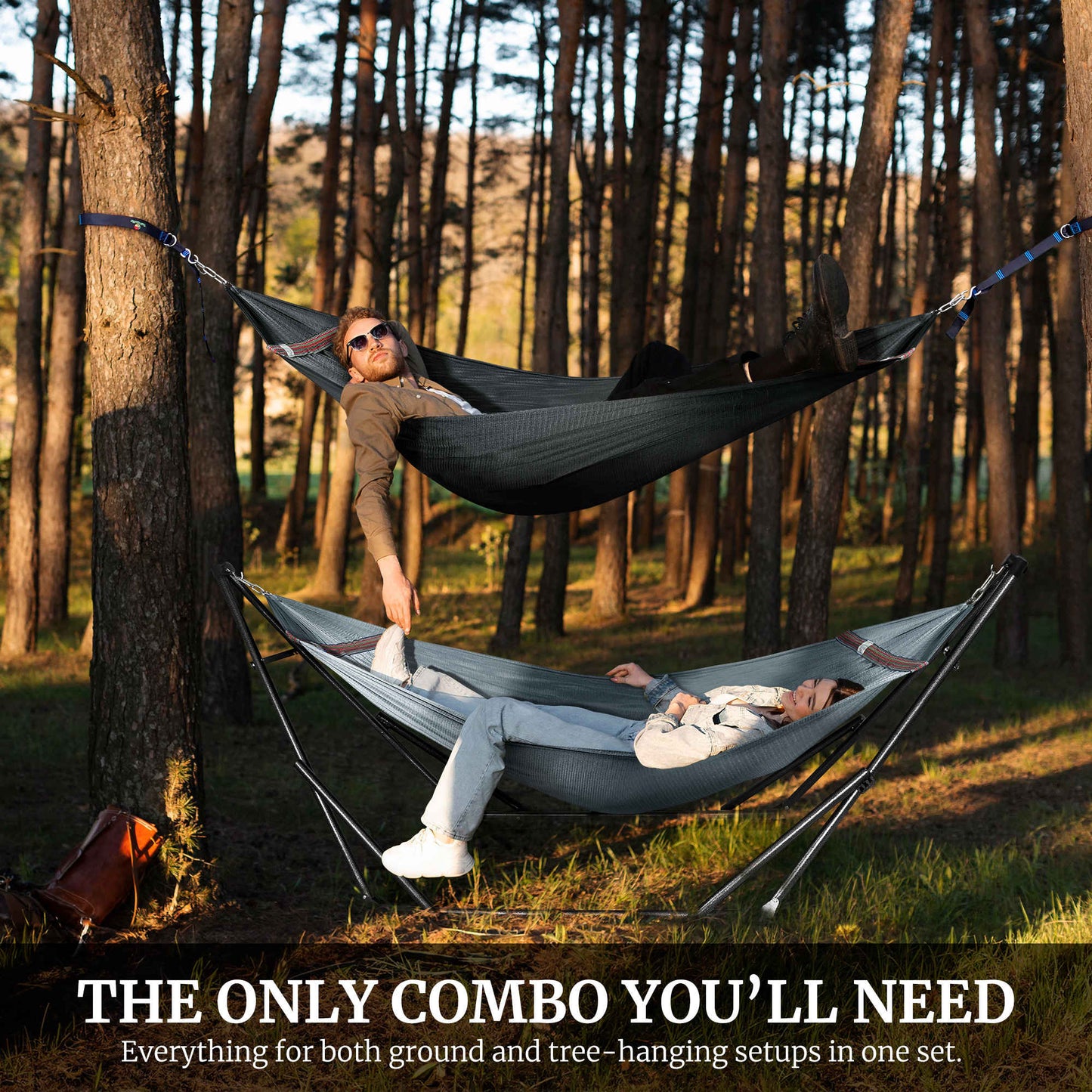 Megsu Tranquillo Comfort Set hammock full set with red fabric and stand, designed for relaxing outdoor lounging.