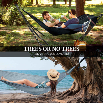 Megsu Tranquillo Comfort Set hammock full set with red stand for relaxing outdoor or indoor use.