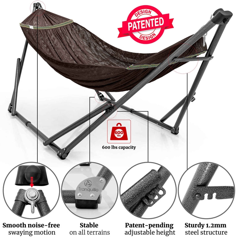 Megsu Tranquillo Comfort Set hammock full set with red stand, designed for ultimate relaxation and outdoor lounging.