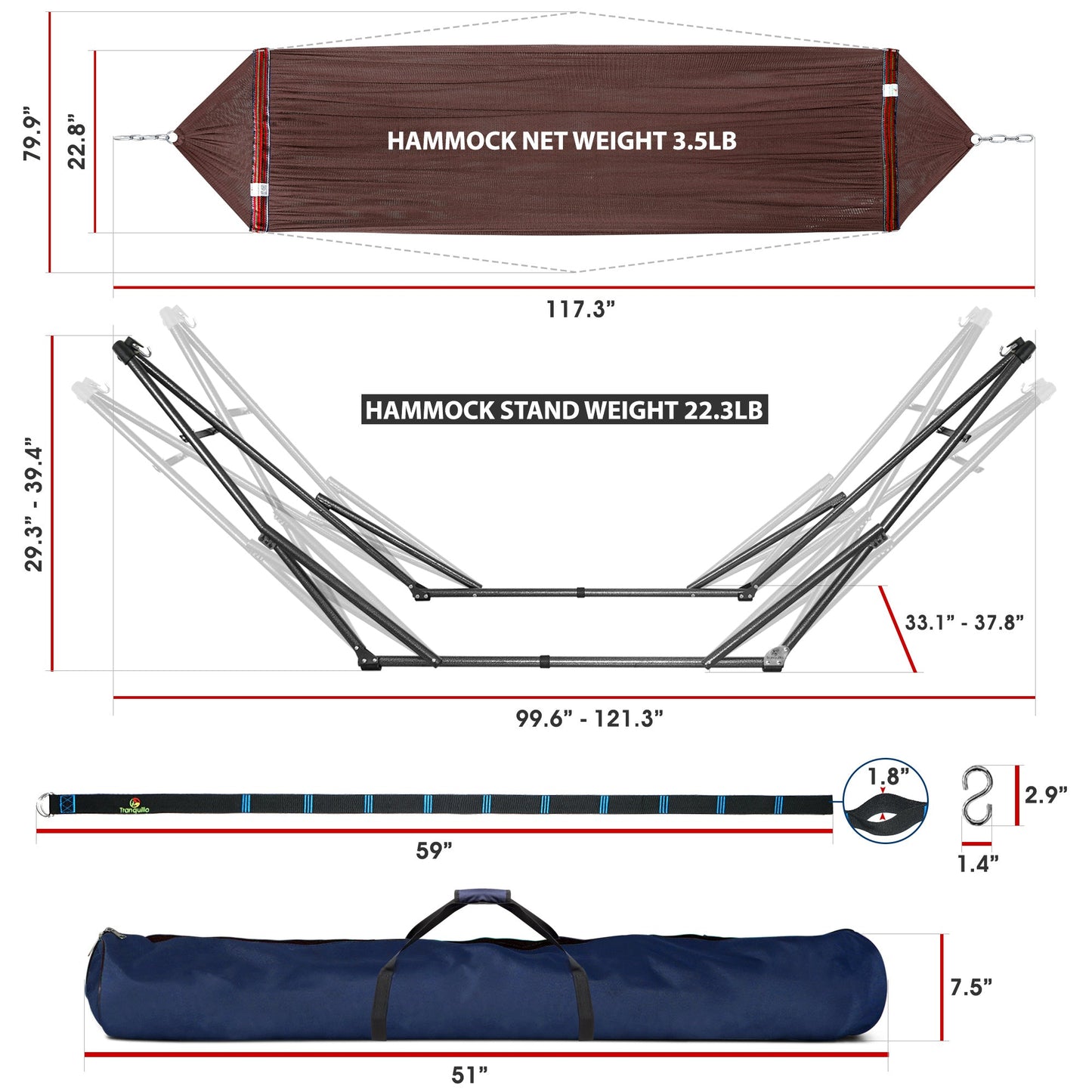 Megsu Tranquillo Comfort Set hammock full set with red stand, showcasing a relaxing hammock for outdoor leisure and relaxation.