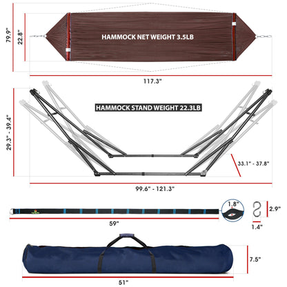 Megsu Tranquillo Comfort Set hammock full set with red stand, showcasing a relaxing hammock for outdoor leisure and relaxation.