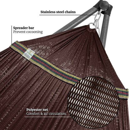 Megsu Tranquillo Comfort Set hammock full set with red stand, designed for ultimate relaxation and outdoor lounging.