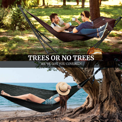 Megsu Tranquillo Comfort Set hammock full set with red stand for relaxing outdoor or indoor use.