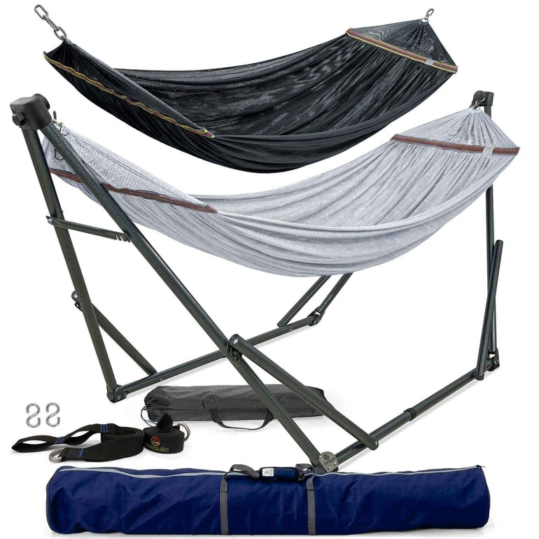 Red Megsu hammock full set with stand, featuring the Tranquillo Comfort Set for relaxing outdoor lounging.