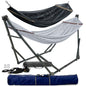 Red Megsu hammock full set with stand, featuring the Tranquillo Comfort Set for relaxing outdoor lounging.