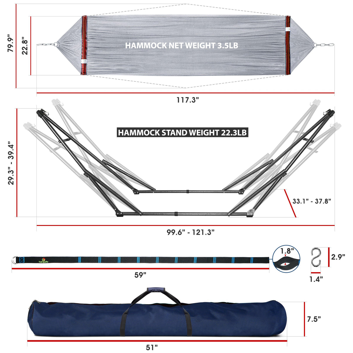 Megsu Tranquillo Comfort Set hammock full set with red stand for ultimate relaxation, featuring a sturdy hammock and supporting stand.