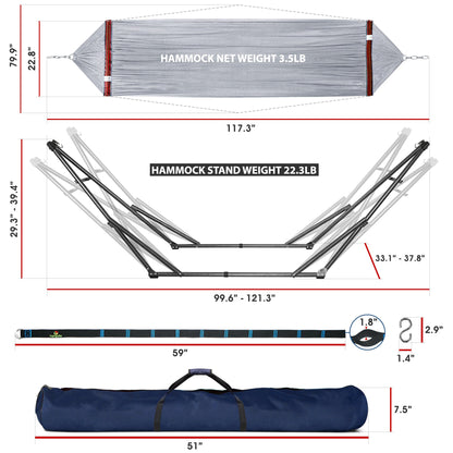 Megsu Tranquillo Comfort Set hammock full set with red stand for ultimate relaxation, featuring a sturdy hammock and supporting stand.