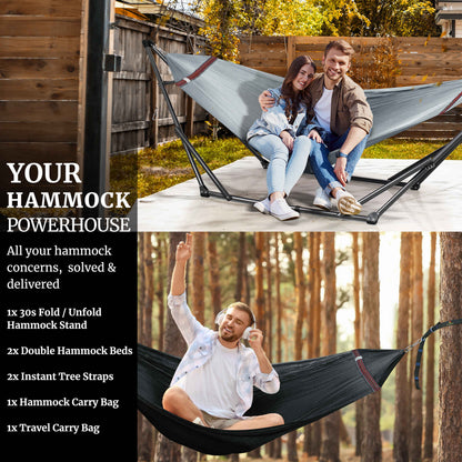 Red Megsu hammock full set with stand, featuring the Tranquillo Comfort Set for relaxing outdoor leisure.
