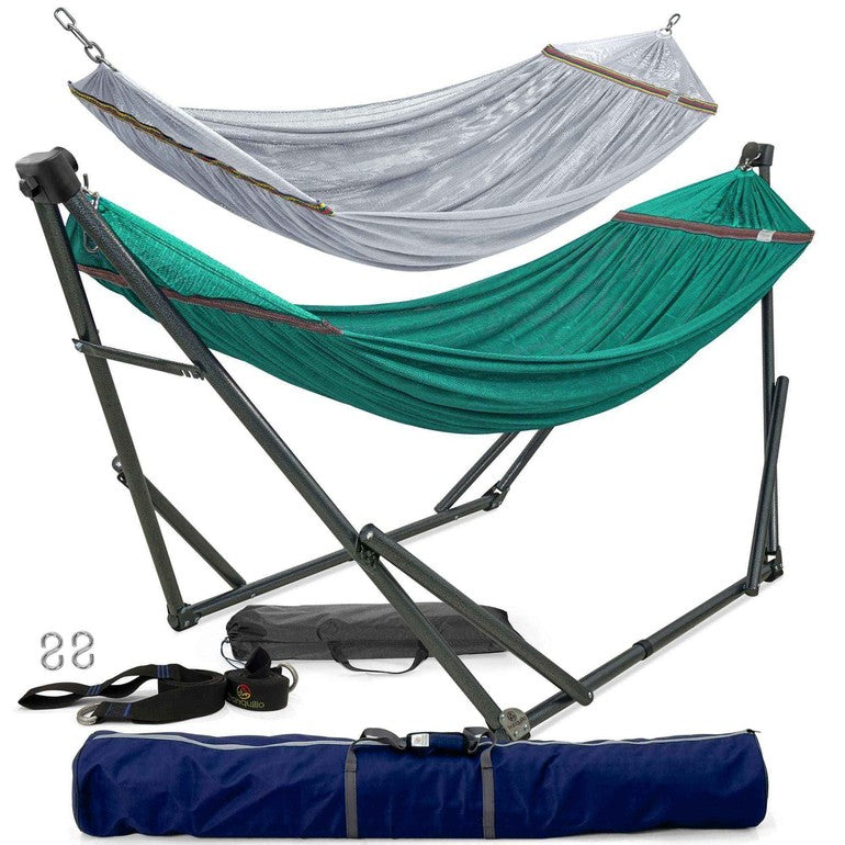 Megsu Tranquillo Comfort Set hammock full set with red stand, ideal for relaxing outdoor or indoor lounging.