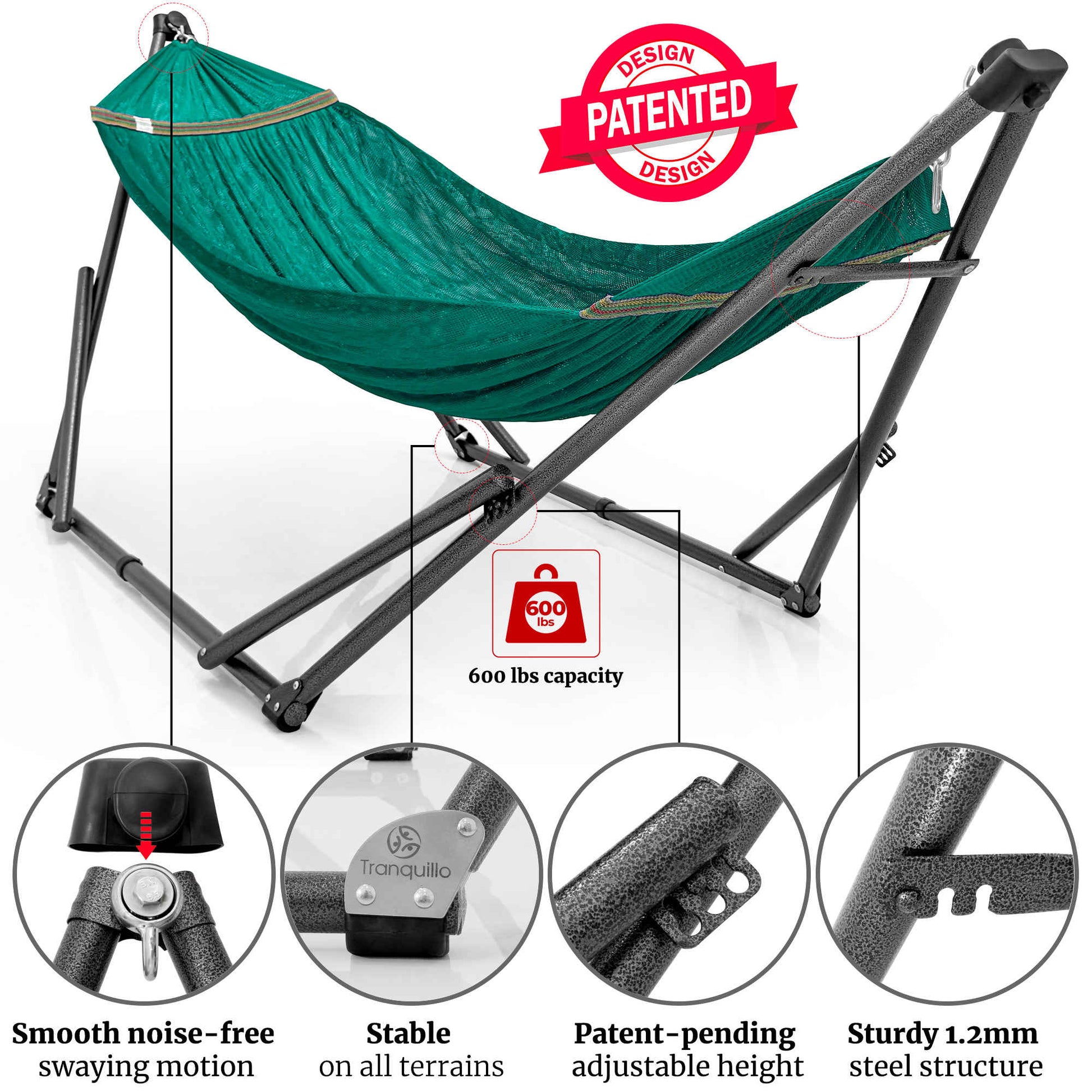 Megsu Tranquillo Comfort Set hammock full set with red stand, ideal for relaxation and outdoor lounging.