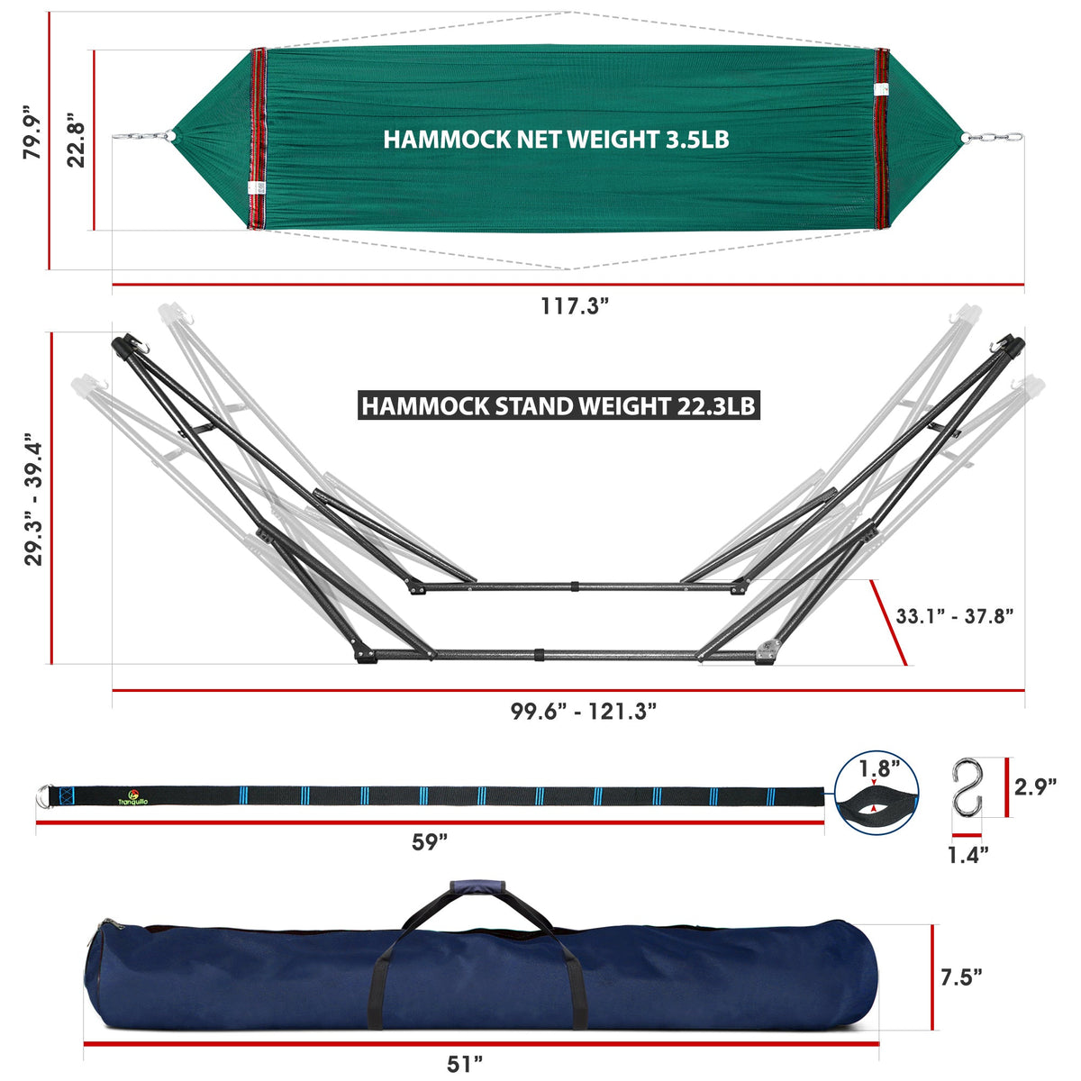 Megsu Tranquillo Comfort Set hammock full set with red stand, designed for relaxation and outdoor lounging.