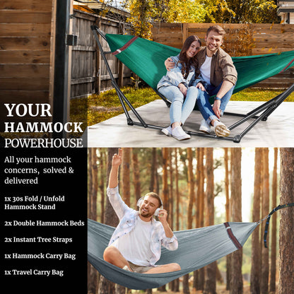 Red Megsu hammock full set with stand, featuring plush cushions for ultimate relaxation and comfort.