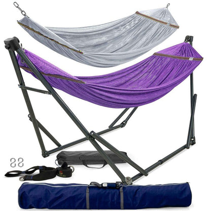 Megsu Tranquillo Comfort Set hammock full set with red stand, ideal for relaxing outdoors or in your backyard.