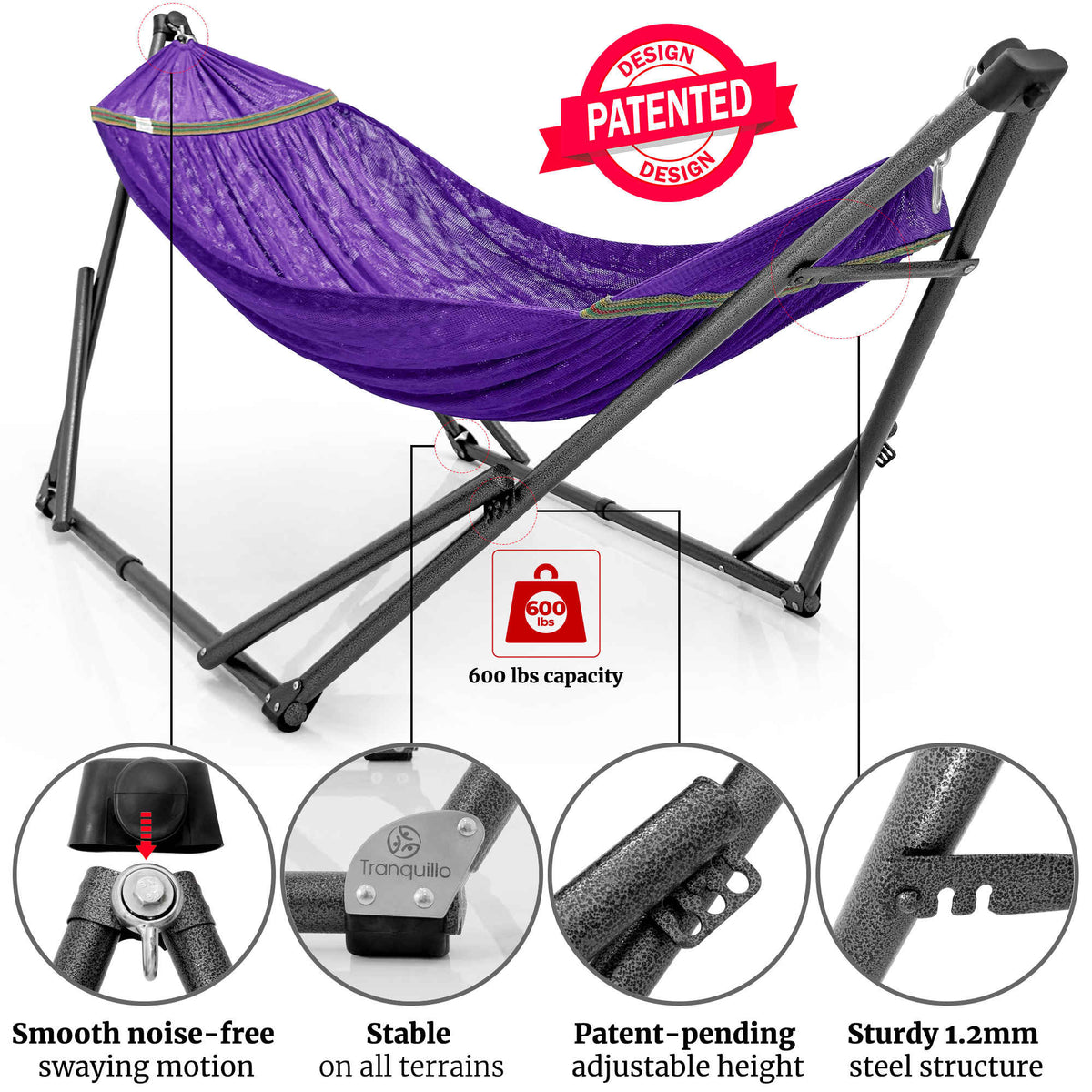Megsu Tranquillo Comfort Set hammock full set with stand, red fabric, ideal for relaxing outdoor or indoor leisure.