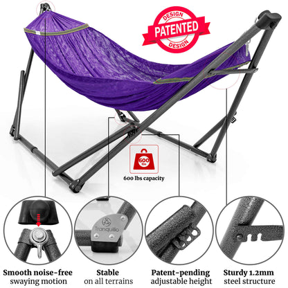 Megsu Tranquillo Comfort Set hammock full set with stand, red fabric, ideal for relaxing outdoor or indoor leisure.