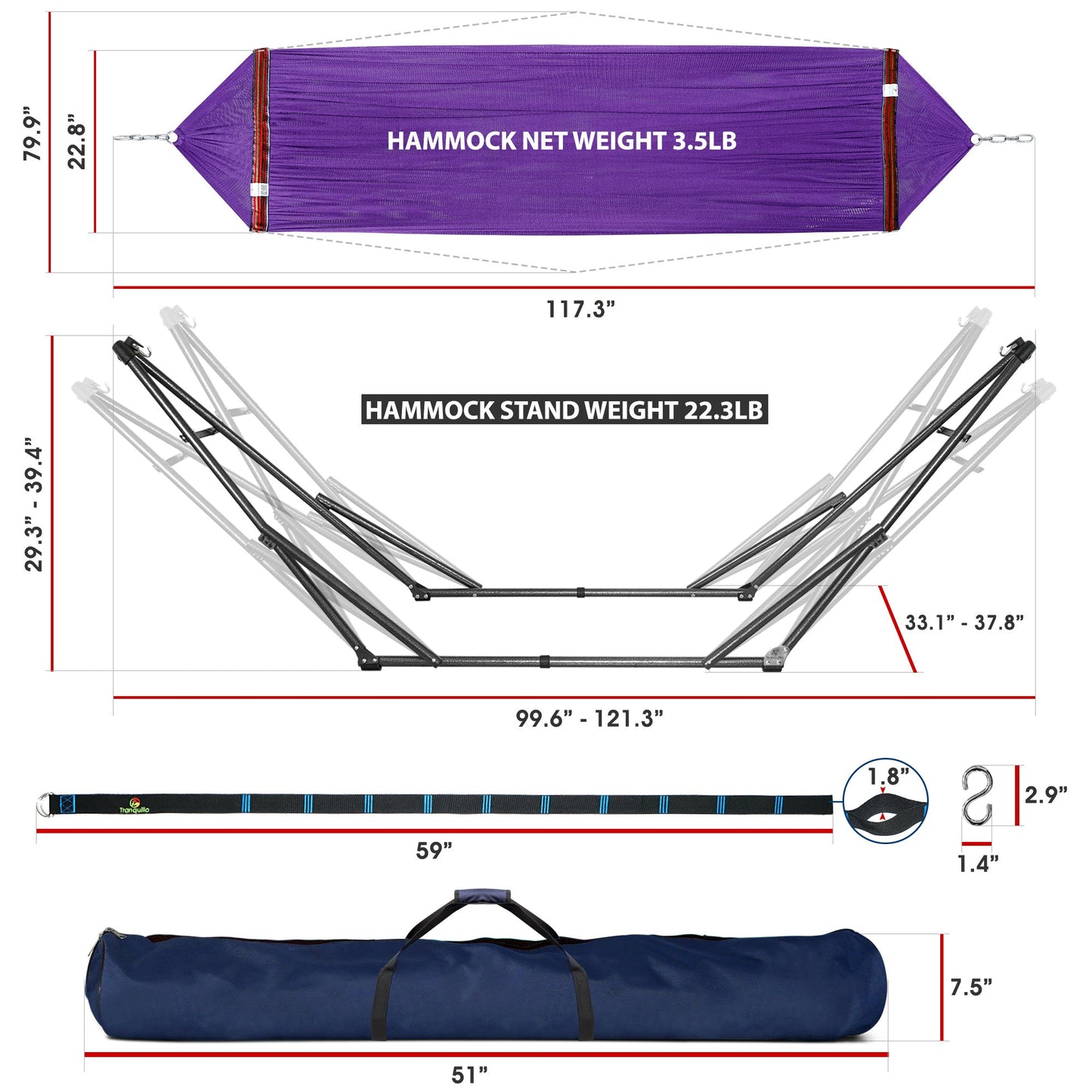 Megsu Tranquillo Comfort Set hammock full set with red stand, designed for relaxing outdoor lounging and ultimate comfort.