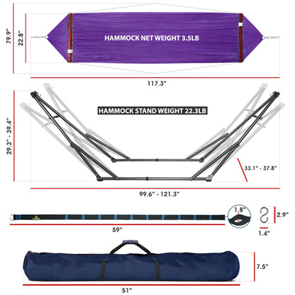 Megsu Tranquillo Comfort Set hammock full set with red stand, designed for relaxing outdoor lounging and ultimate comfort.