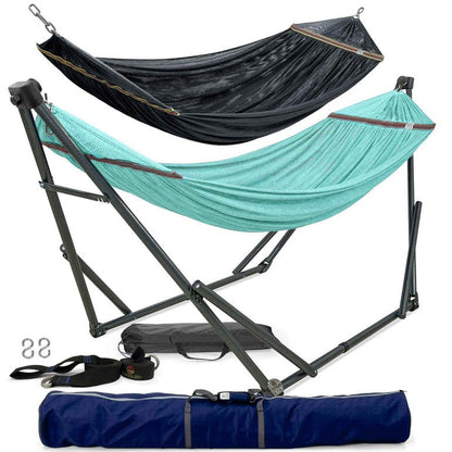 Megsu Tranquillo Comfort Set hammock full set with red stand, ideal for relaxing outdoor or indoor leisure spaces.