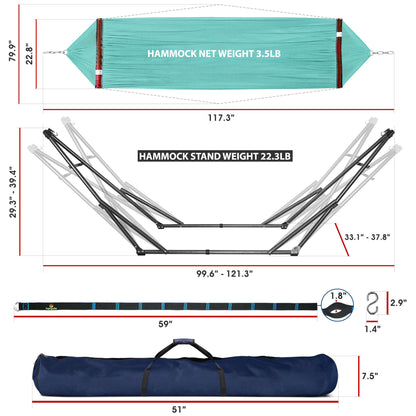 Red Megsu hammock full set with stand, featuring the Tranquillo Comfort Set for relaxing outdoor lounging.